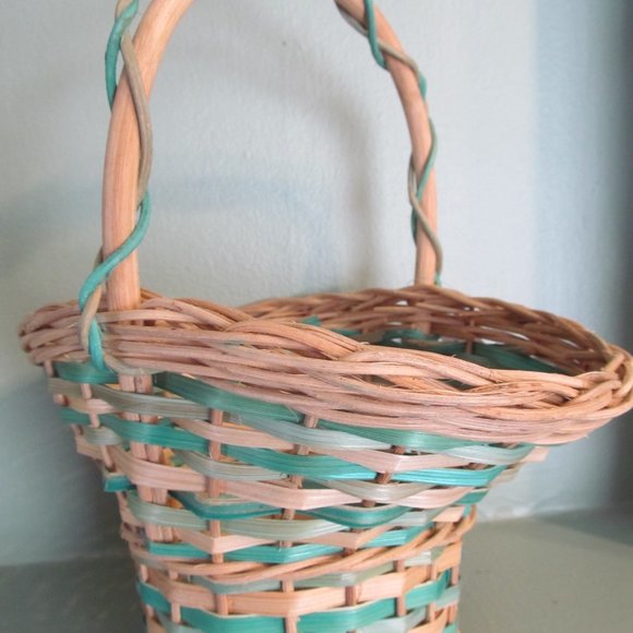 Vintage NWT Woven Wicker Basket w/ Handle Blue Green/Turquoise Paul Marshall NEW - Picture 11 of 12